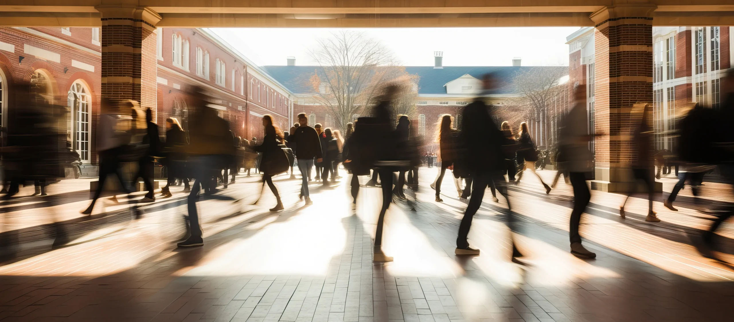 Studierende bewegen sich im Aulas ihres Universitätscampus.